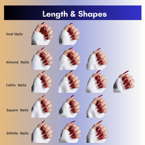 A chart titled Length & Shapes displaying various nail styles including oval, almond, coffin, square, and stiletto. Each row features hands with deep red polished nails in different lengths and shapes, set against a gradient background.