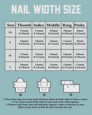 A light blue informational chart titled NAIL WIDTH SIZE with a table listing XS, S, M, and L sizes for thumb, index, middle, ring, and pinky fingers in millimeters and inches, plus three illustrated steps for measuring nail width.