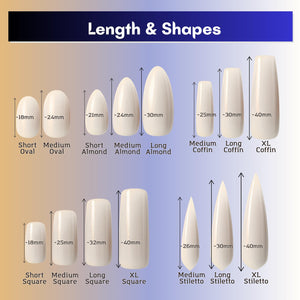 A chart titled Length & Shapes displaying various white artificial nail tips in oval, almond, coffin, square, and stiletto styles. Each nail is labeled with its shape and length in millimeters, ranging from 18mm to 40mm in total length.