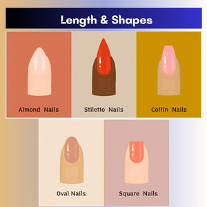 An educational chart titled Length & Shapes displaying five nail styles. It features illustrations of almond, stiletto, coffin, oval, and square nails, each labeled with its corresponding name below the respective nail shape illustration.