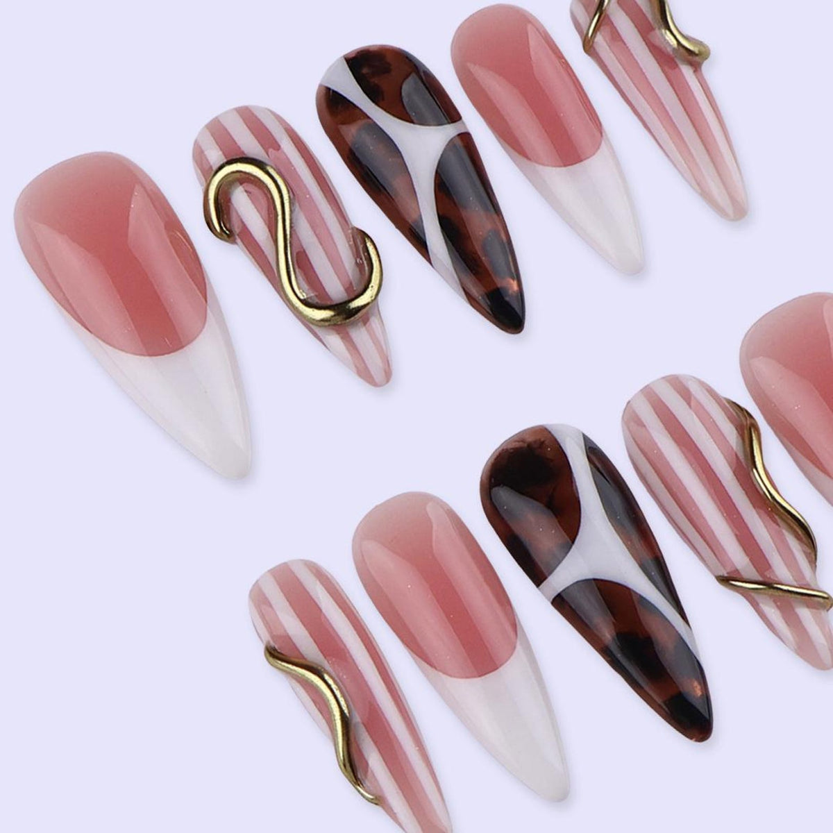 Freestyle Nude & Tortoiseshell Press On Nails with Gold Accent | Almond Handmade Nail Art