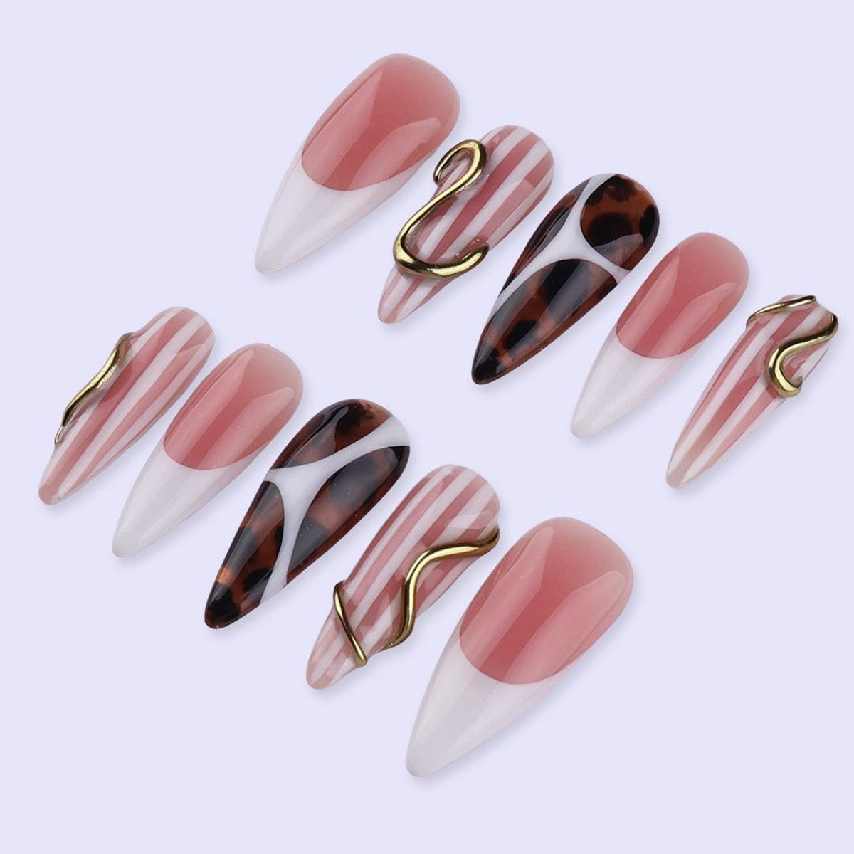 Freestyle Nude & Tortoiseshell Press On Nails with Gold Accent | Almond Handmade Nail Art