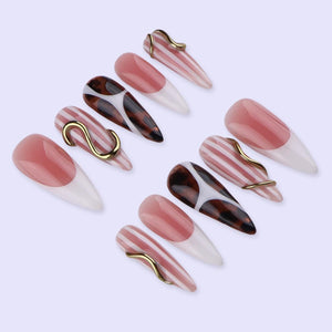 Freestyle Nude & Tortoiseshell Press On Nails with Gold Accent | Almond Handmade Nail Art