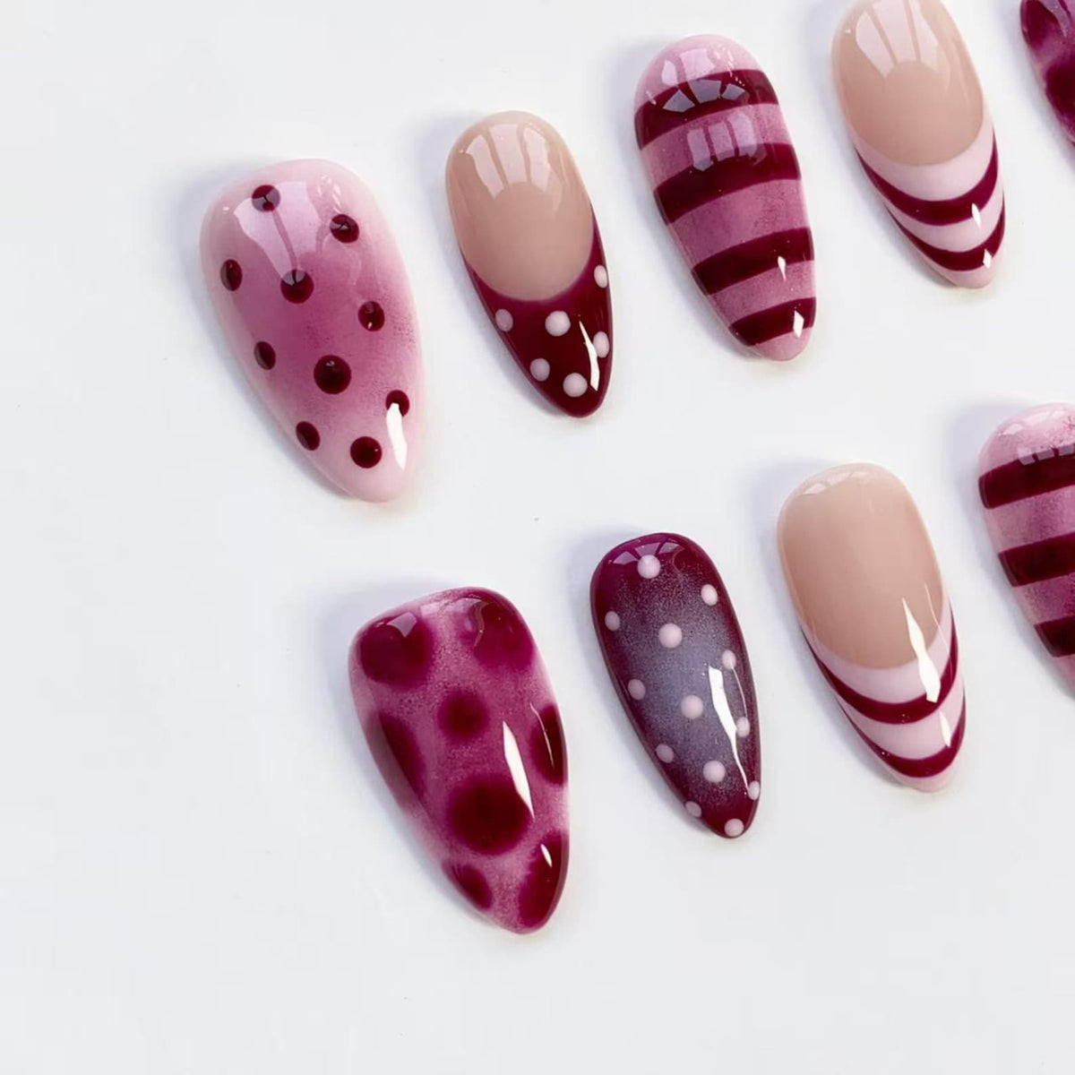 Mulberry Cute Polka Dot Nails/Purple Nails/Pink Press on nails long almond nails/Kawaii Nails/Birthday Nails/Striped French Custom Nails image 3