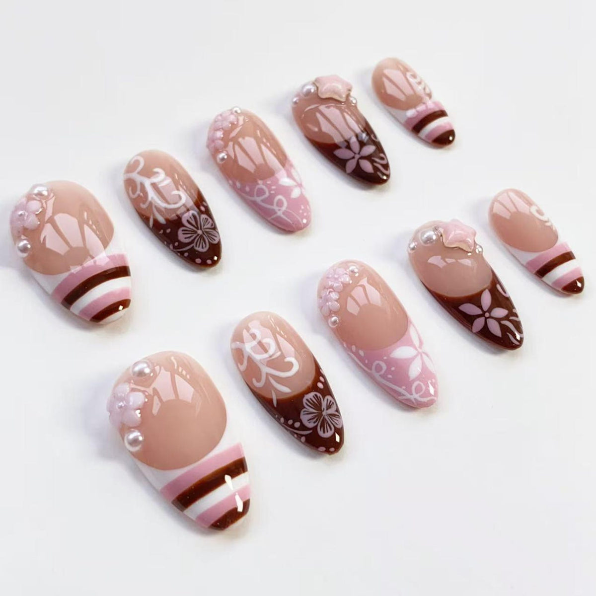 Cute Kawaii Nails/Pink Brown Striped French nails/Flower Nails/Holiday nails/Pink Press on nails Long almond nails/Y2k Nails/Holiday Nails image 8