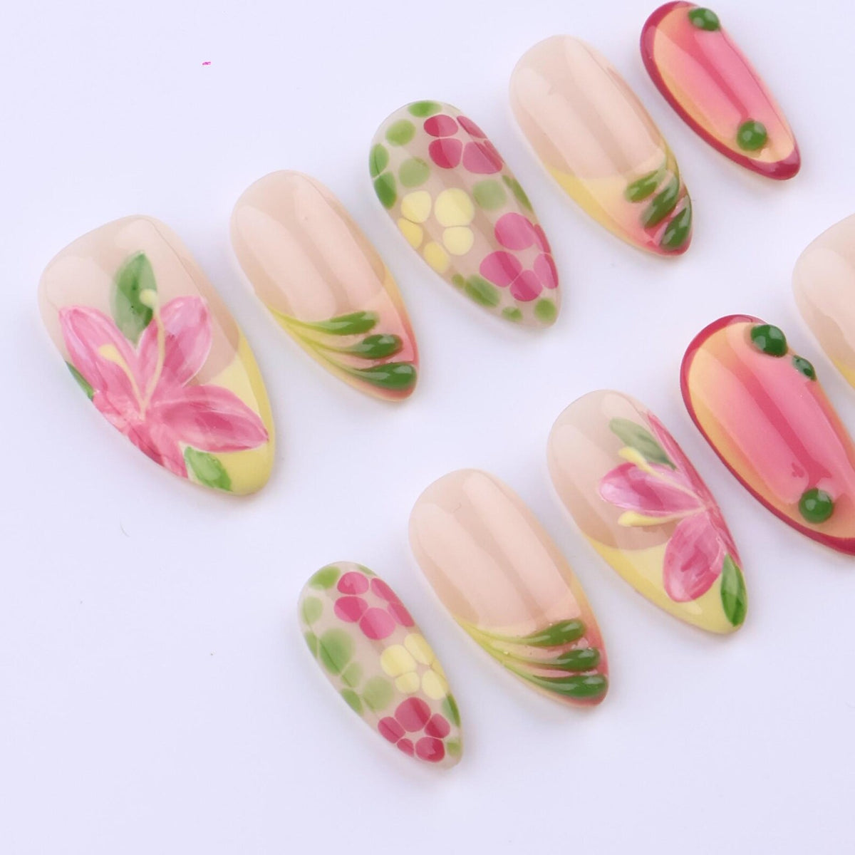 Spring Garden Glow Press On Nails | Pink Floral & Citrus Ombre | Medium Almond Handmade Nail Set