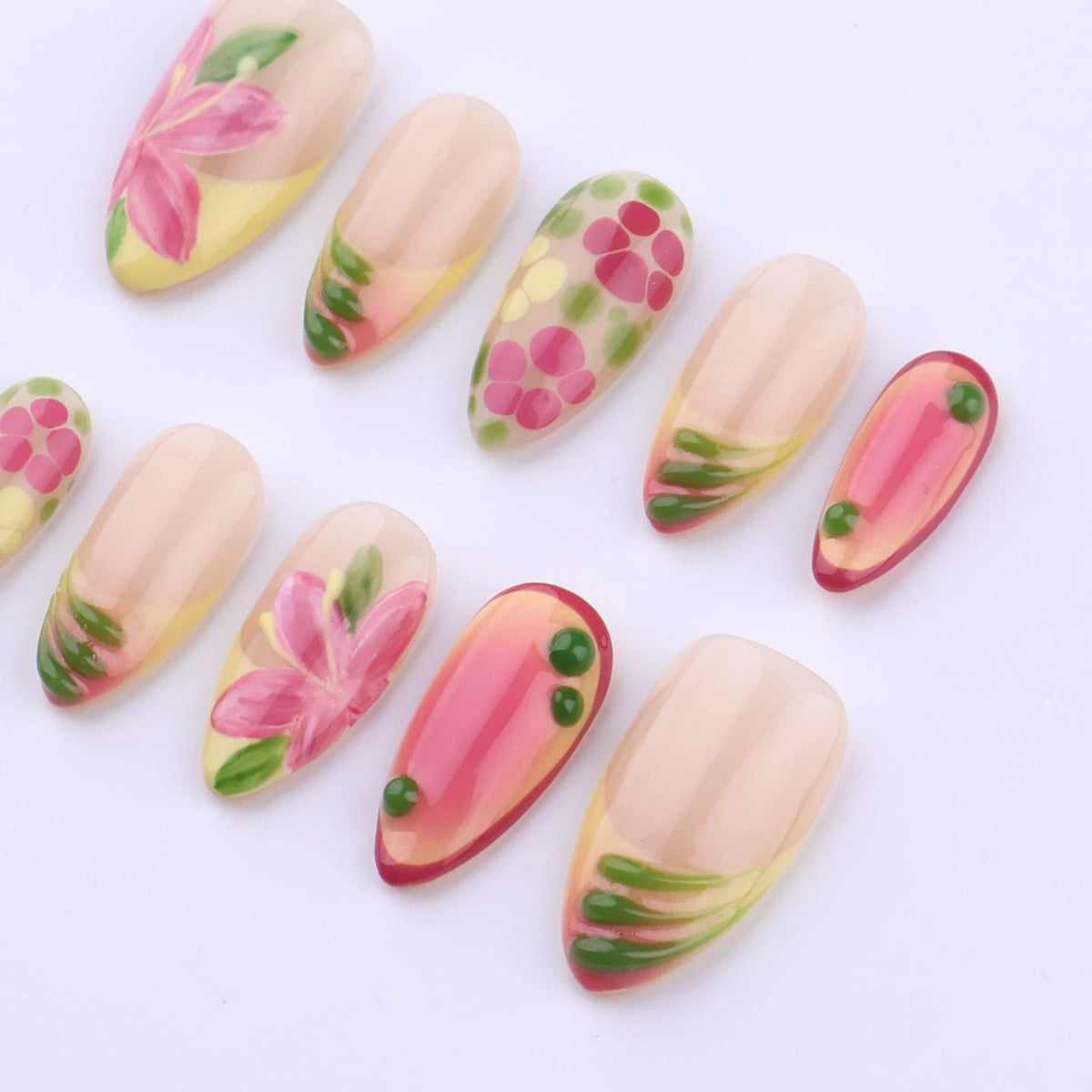 Spring Garden Glow Press On Nails | Pink Floral & Citrus Ombre | Medium Almond Handmade Nail Set