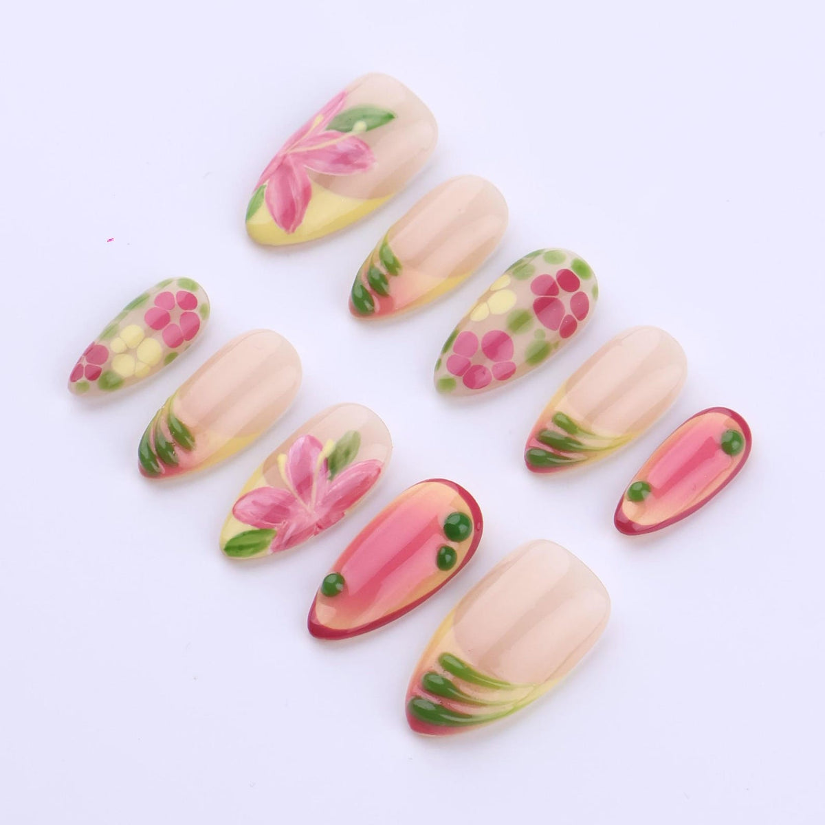 Spring Garden Glow Press On Nails | Pink Floral & Citrus Ombre | Medium Almond Handmade Nail Set