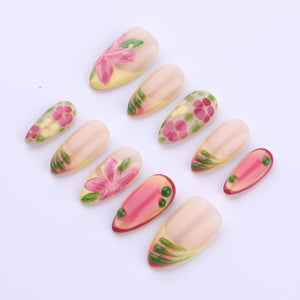 Spring Garden Glow Press On Nails | Pink Floral & Citrus Ombre | Medium Almond Handmade Nail Set