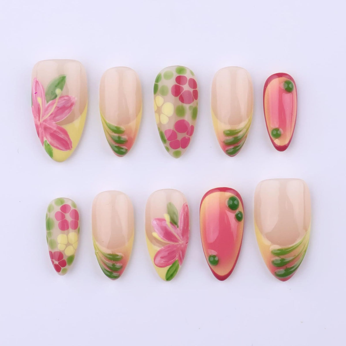 Spring Garden Glow Press On Nails | Pink Floral & Citrus Ombre | Medium Almond Handmade Nail Set