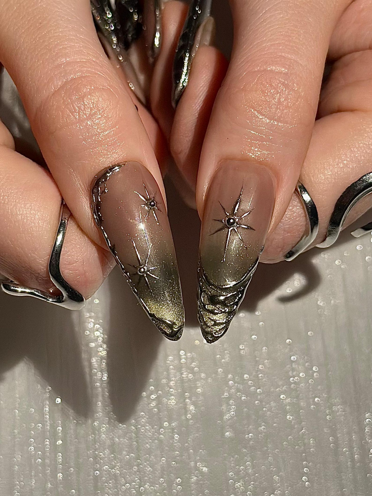 Gothic Celestial Press On Nails, Dark Cat Eye Galaxy Nails with Silver Stars, Edgy Ethereal Stiletto Nails with Metallic Charms, OC1289HC