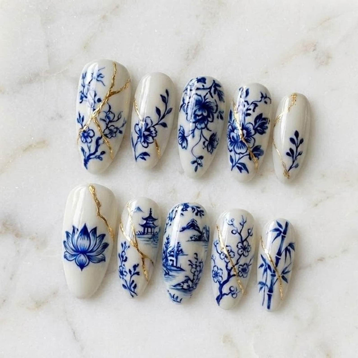 Blue White Porcelain Press On Nails / Chinoiserie Floral & Lotus Art / Kintsugi Gold Detail / Ceramic Inspired / Luxury Set image 1