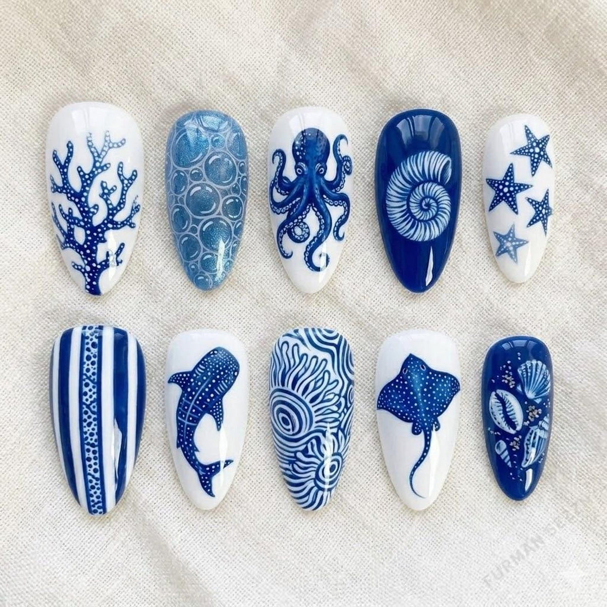 Blue Porcelain Ocean Press On Nails / Octopus Coral Shell Starfish / Nautical White Cobalt / Coastal Summer Handmade Set image 1