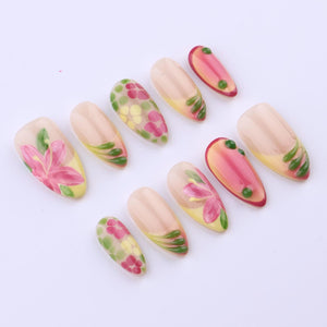 Spring Garden Glow Press On Nails | Pink Floral & Citrus Ombre | Medium Almond Handmade Nail Set