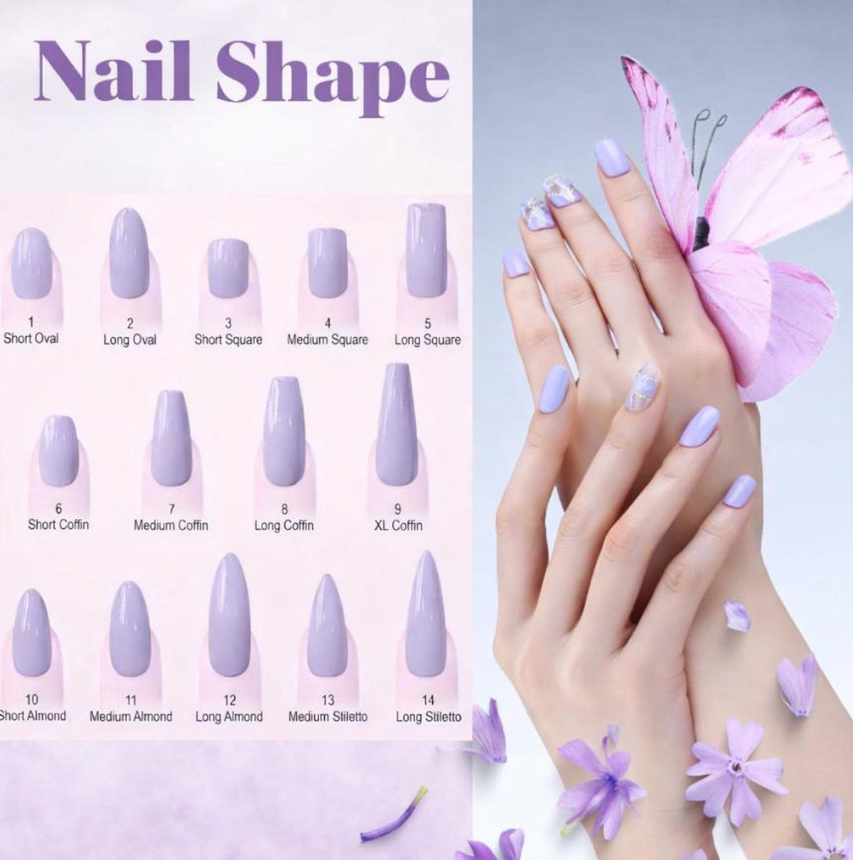 A guide to nail shapes, featuring examples of Short Oval, Long Oval, Short Square, Medium Square, Long Square, Short Coffin, Medium Coffin, Long Coffin, XL Coffin, Short Almond, Medium Almond, Long Almond, Medium Stiletto, and Long Stiletto. The imag
