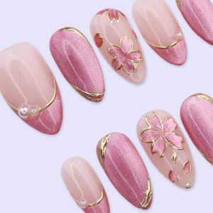 Pink Cat Eye Press On Nails with Flowers & Gold Lines | Medium Almond Handmade Fake Nails | Elegant Nail Art for Spring, Wedding, Party