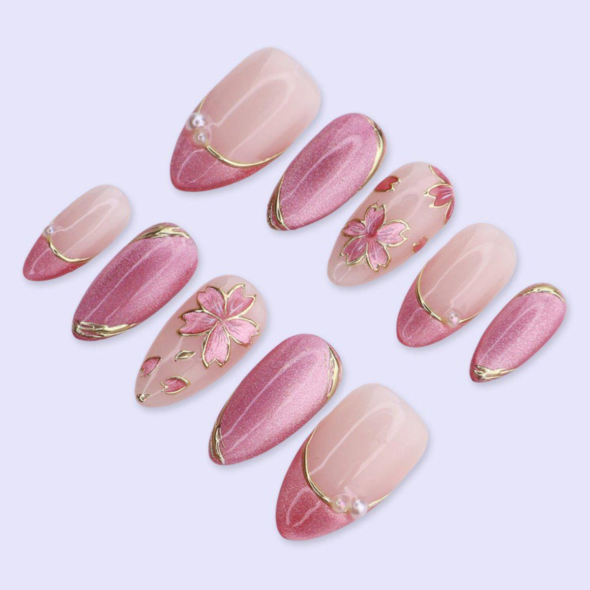 Pink Cat Eye Press On Nails with Flowers & Gold Lines | Medium Almond Handmade Fake Nails | Elegant Nail Art for Spring, Wedding, Party