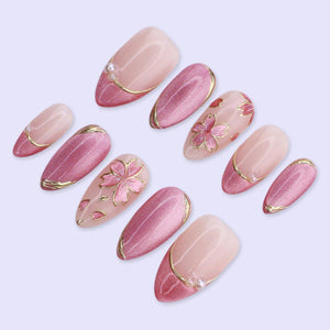 Pink Cat Eye Press On Nails with Flowers & Gold Lines | Medium Almond Handmade Fake Nails | Elegant Nail Art for Spring, Wedding, Party