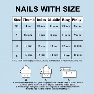 A sizing chart for press-on nails titled NAILS WITH SIZE, featuring a table with rows for XS, S, M, and L sizes and columns for Thumb, Index, Middle, Ring, and Pinky fingers in millimeters. Includes instructions for measuring nails with tape.