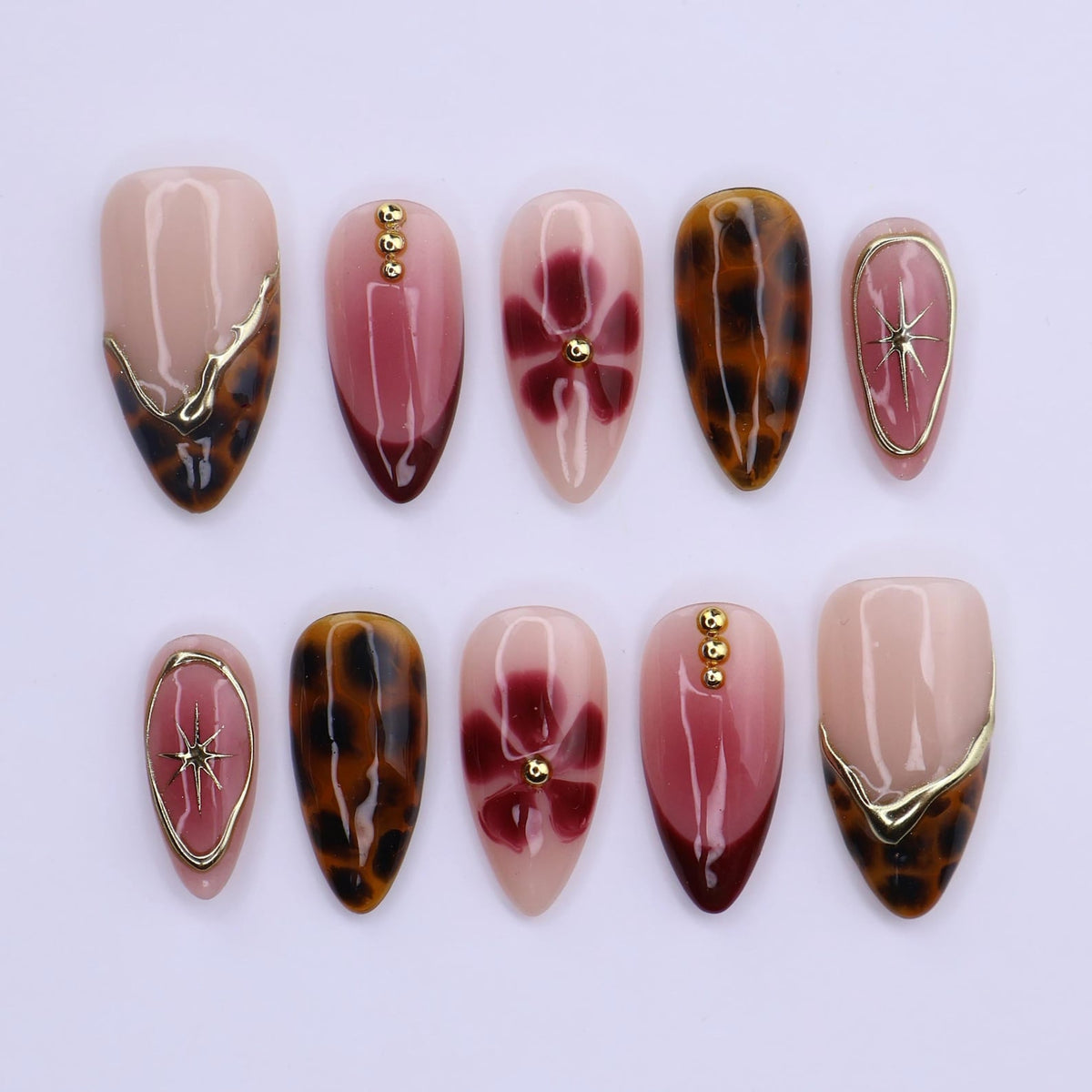 Burgundy Tortoiseshell Press On Nails with Floral Bloom & Gold Star | Medium Almond Fake Nails | Handmade Nails Art for Fall, Date Night