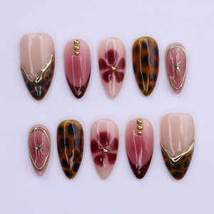 Burgundy Tortoiseshell Press On Nails with Floral Bloom & Gold Star | Medium Almond Fake Nails | Handmade Nails Art for Fall, Date Night