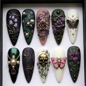 Gothic Fantasy Press On Nails | Dark Vintage Almond Nails | Skull Moth Floral Nail | Handcrafted 3D Nail | Edgy Alternative Nail image 1