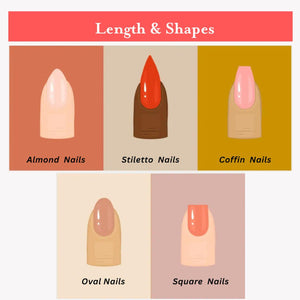 An educational chart titled Length & Shapes displaying five nail styles. The graphic features almond, stiletto, coffin, oval, and square nail shapes, each illustrated with distinct colors and labeled with their respective names.
