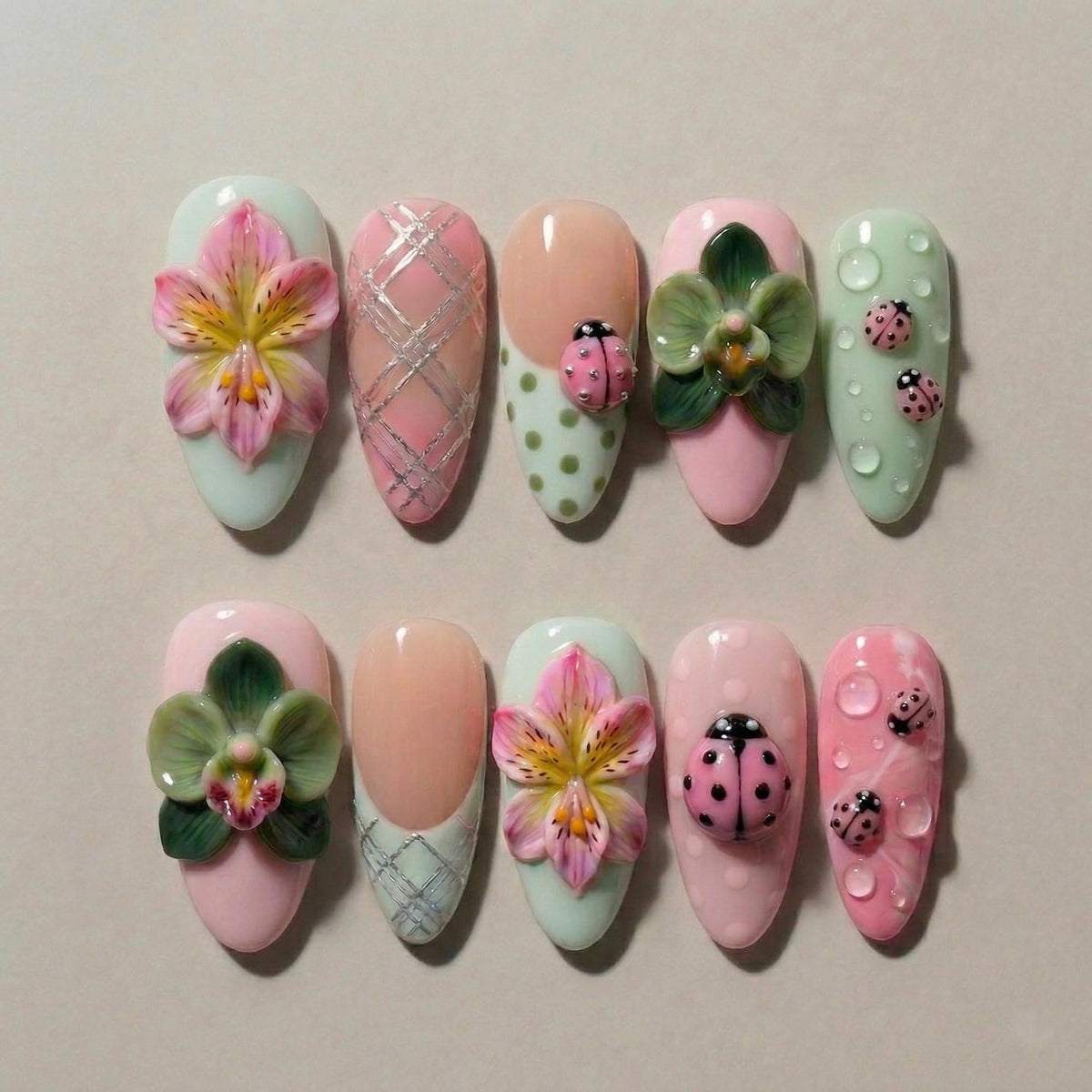 Pastel Garden Floral Press On Nails, 3D Flower Ladybug Nails, Almond Spring Nails, Cute Cottagecore Nails, Forest Inspired Nail Art image 1