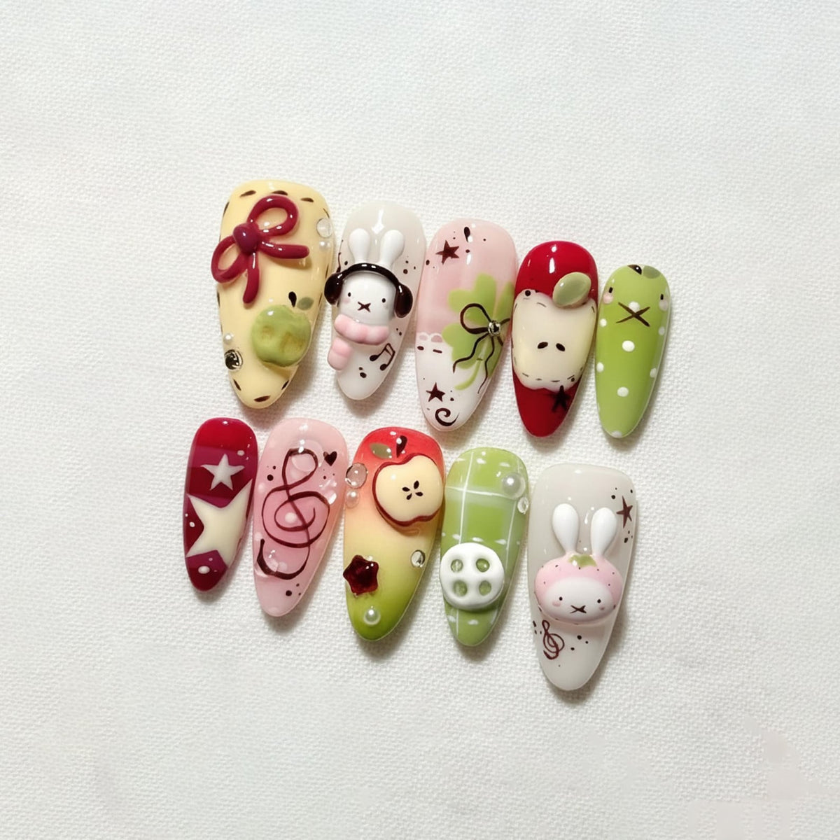 Cute Kawaii Press On Nails | 3D Bunny Apple Nails | Pink Green Fruit Nail Set image 2