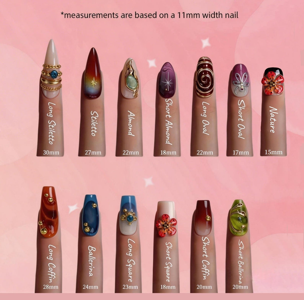 A display of fourteen artificial nail tips in various shapes and lengths, labeled Long Stiletto 30mm, Stiletto 27mm, Almond 22mm, Short Almond 18mm, Long Oval 22mm, Short Oval 17mm, Nature 15mm, Long Coffin 28mm, Ballerina 24mm, Long Square 23mm, Sho