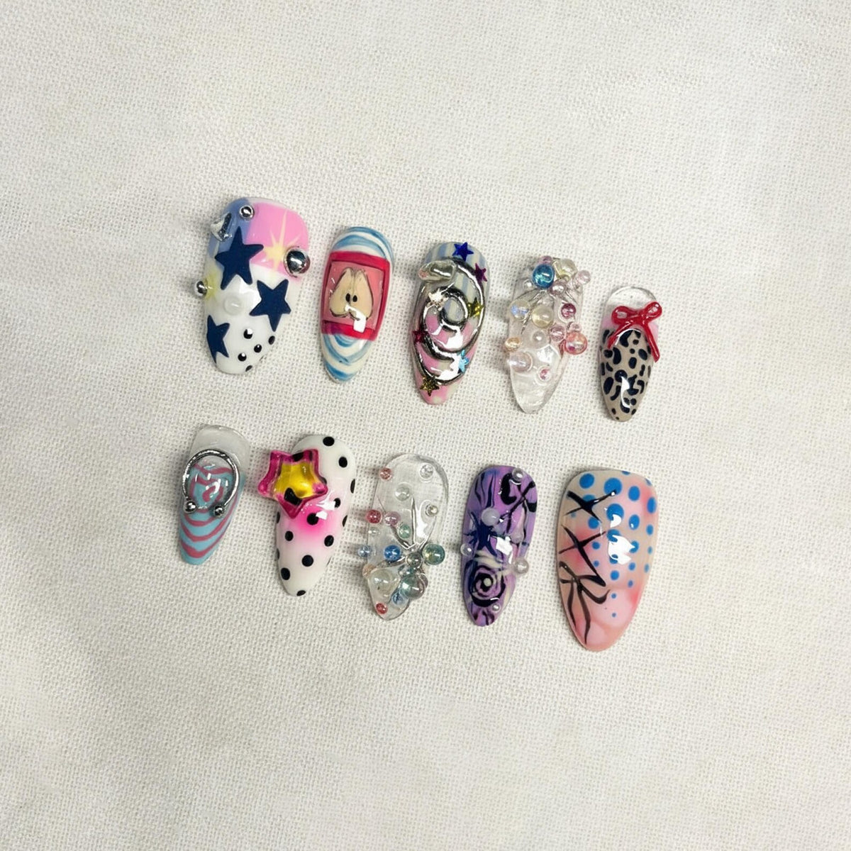 Y2K Kawaii Press On Nails, 3D Star Charms, Abstract Art Nails, Handmade Gel Nails, Cute Funky Nail Set, Reusable Nails image 2