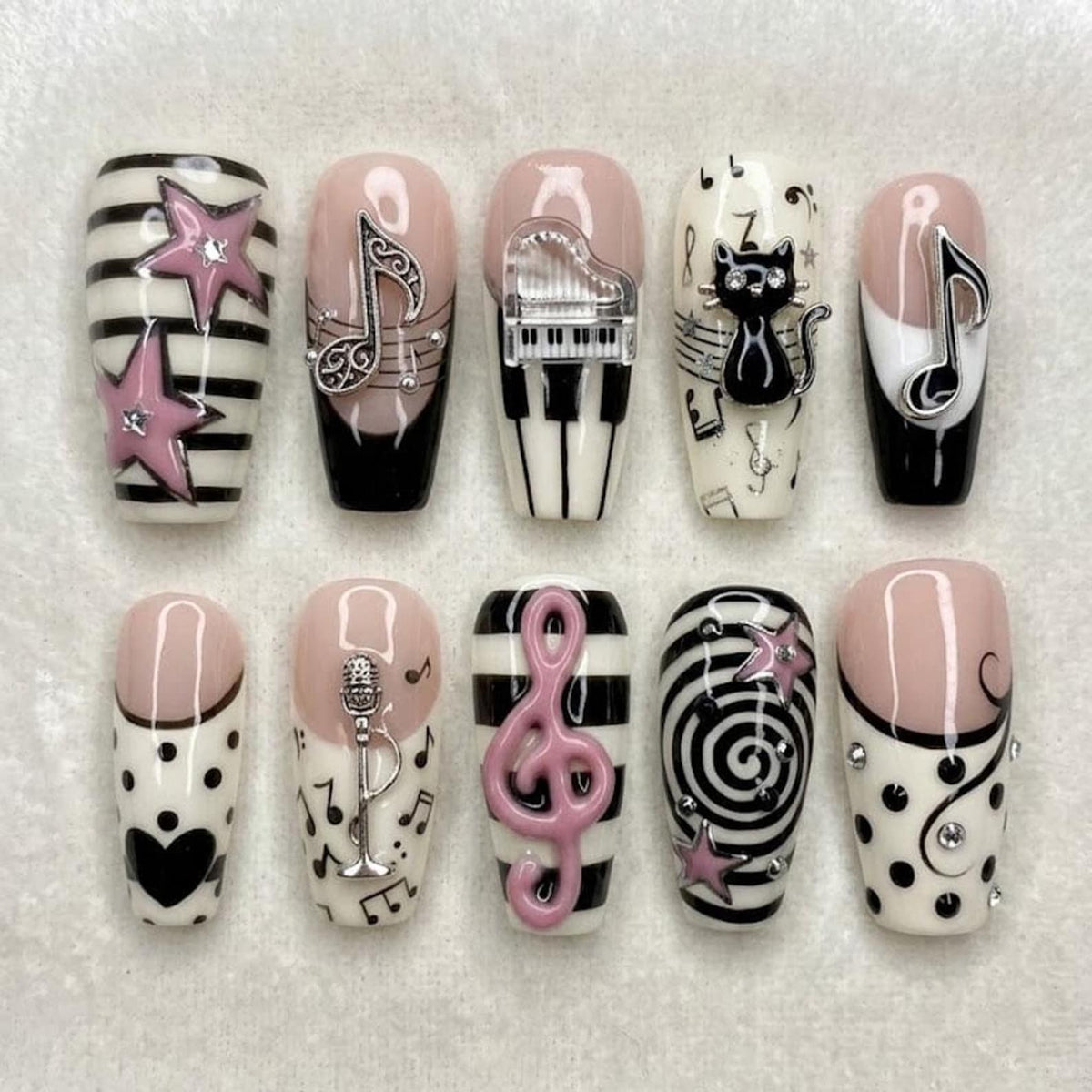 Handmade Kawaii Cat Press On Nails / Pink Nails / Cute Nails / 3D Cat Nails / Polka Dot Nails / Pastel Nails / Soft Girl Nails / Custom Set image 1