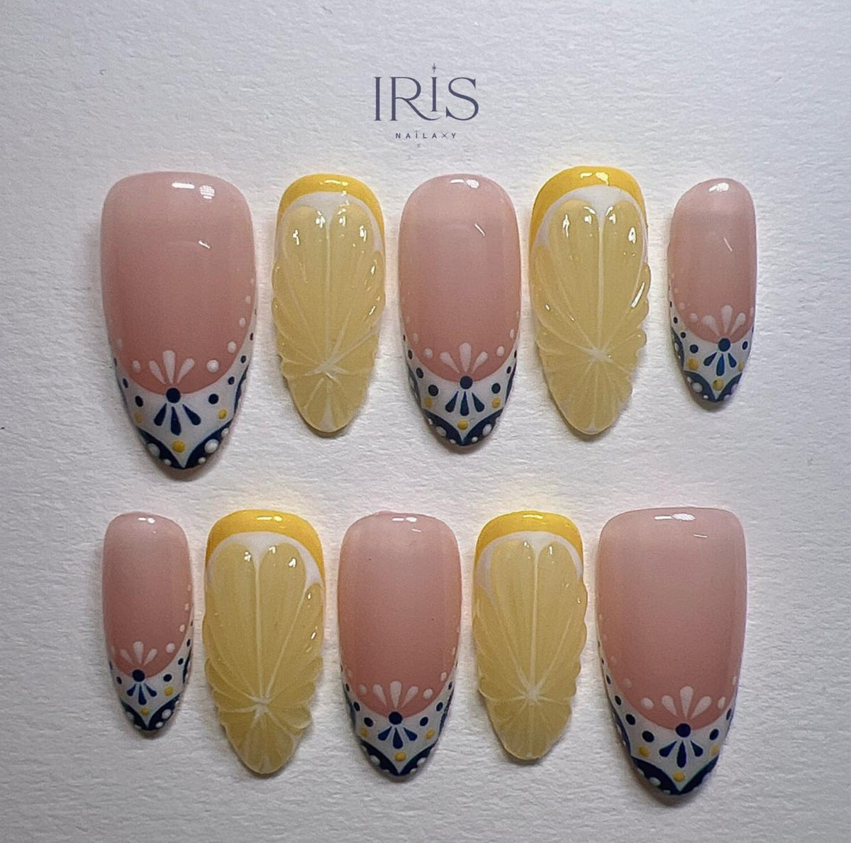 Lemon Press On Nails with Mediterranean French Tip (Ver 2) | Kawaii Summer Fruit Design image 2
