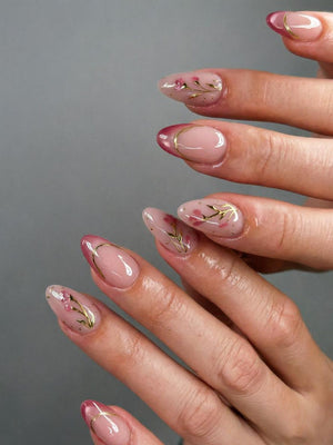 Custom Press on Nails Sheer Pink Floral Gold Branch Nails Delicate Spring Style - Reusable Glue On Tips image 2