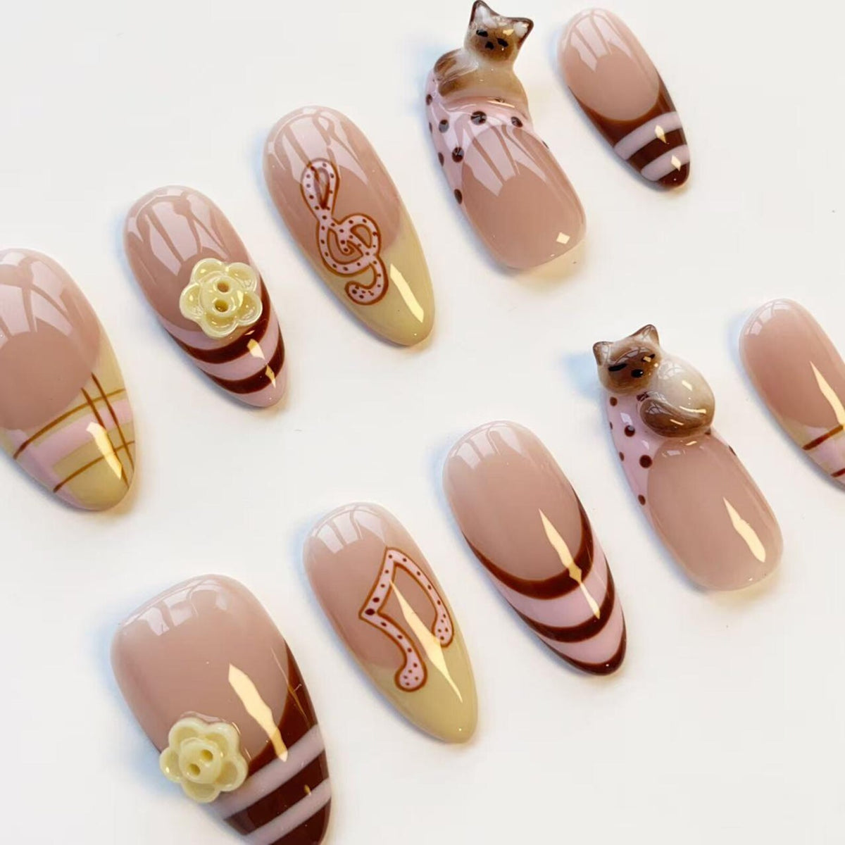 3D Siamese cat nails/press on nails long almond nails/Cute Kawaii Nails/Y2K French tips nails/Musical note nails/Button nails/Birthday nails image 5