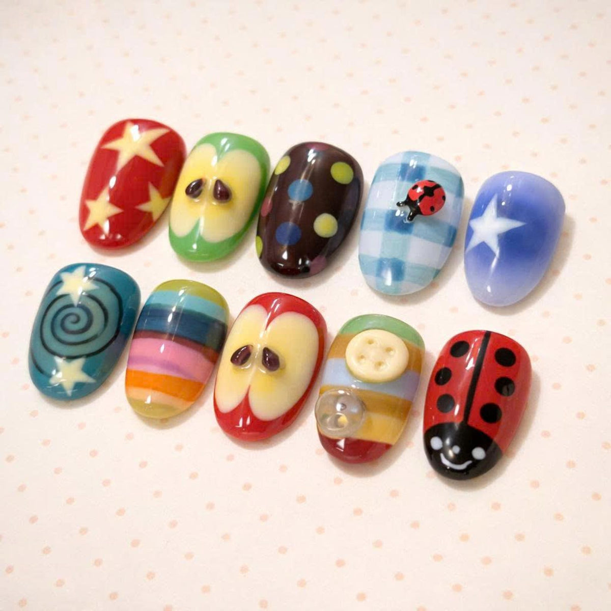 Hand-Painted Fruit Ladybug Star Nails, Kawaii Apple Stripe Set image 2
