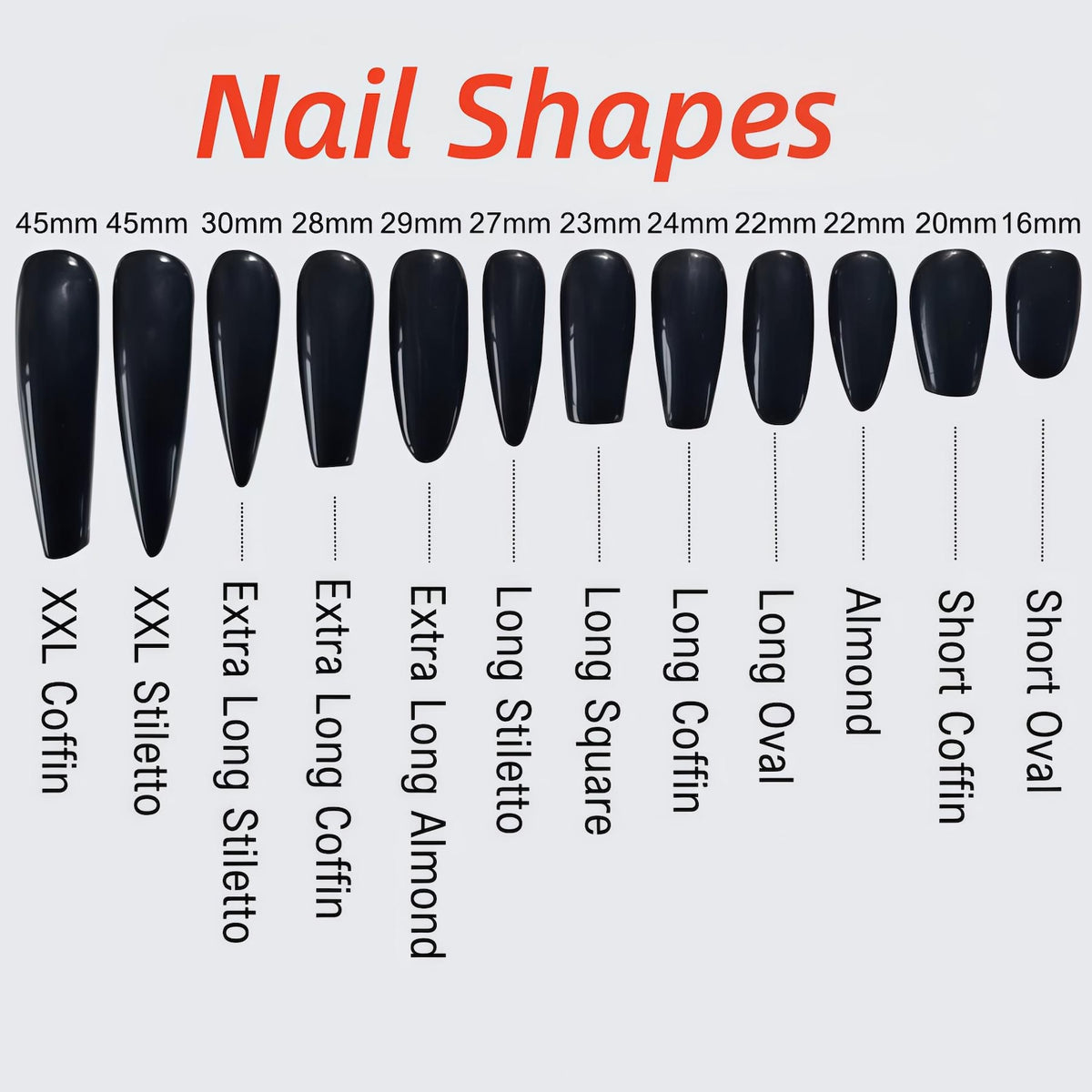 Image showing various black nail shapes, including XXL Coffin, XXL Stiletto, Extra Long Stiletto, Extra Long Coffin, Extra Long Almond, Long Stiletto, Long Square, Long Coffin, Long Oval, Almond, Short Coffin, and Short Oval. The text "Nail Shapes" i