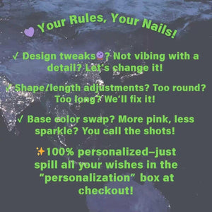 A graphic with the text "Your Rules, Your Nails!" in green. It lists options for nail design customization, including design tweaks, shape/length adjustments, and base color swaps. The text encourages customers to personalize their order.