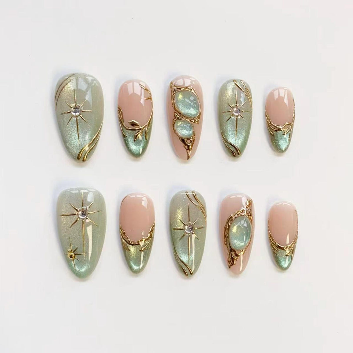 Glitter Green Cat Eye Nails/Press on nails long almond nails/Elegant nails/Star Nails/3D Gold chrome nails/Birthday nails/Custom nails image 1