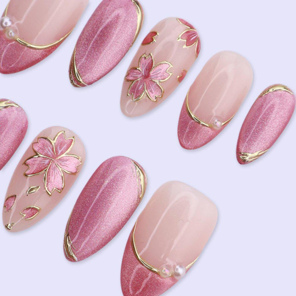 Pink Cat Eye Press On Nails with Flowers & Gold Lines | Medium Almond Handmade Fake Nails | Elegant Nail Art for Spring, Wedding, Party