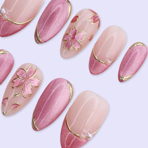 Pink Cat Eye Press On Nails with Flowers & Gold Lines | Medium Almond Handmade Fake Nails | Elegant Nail Art for Spring, Wedding, Party