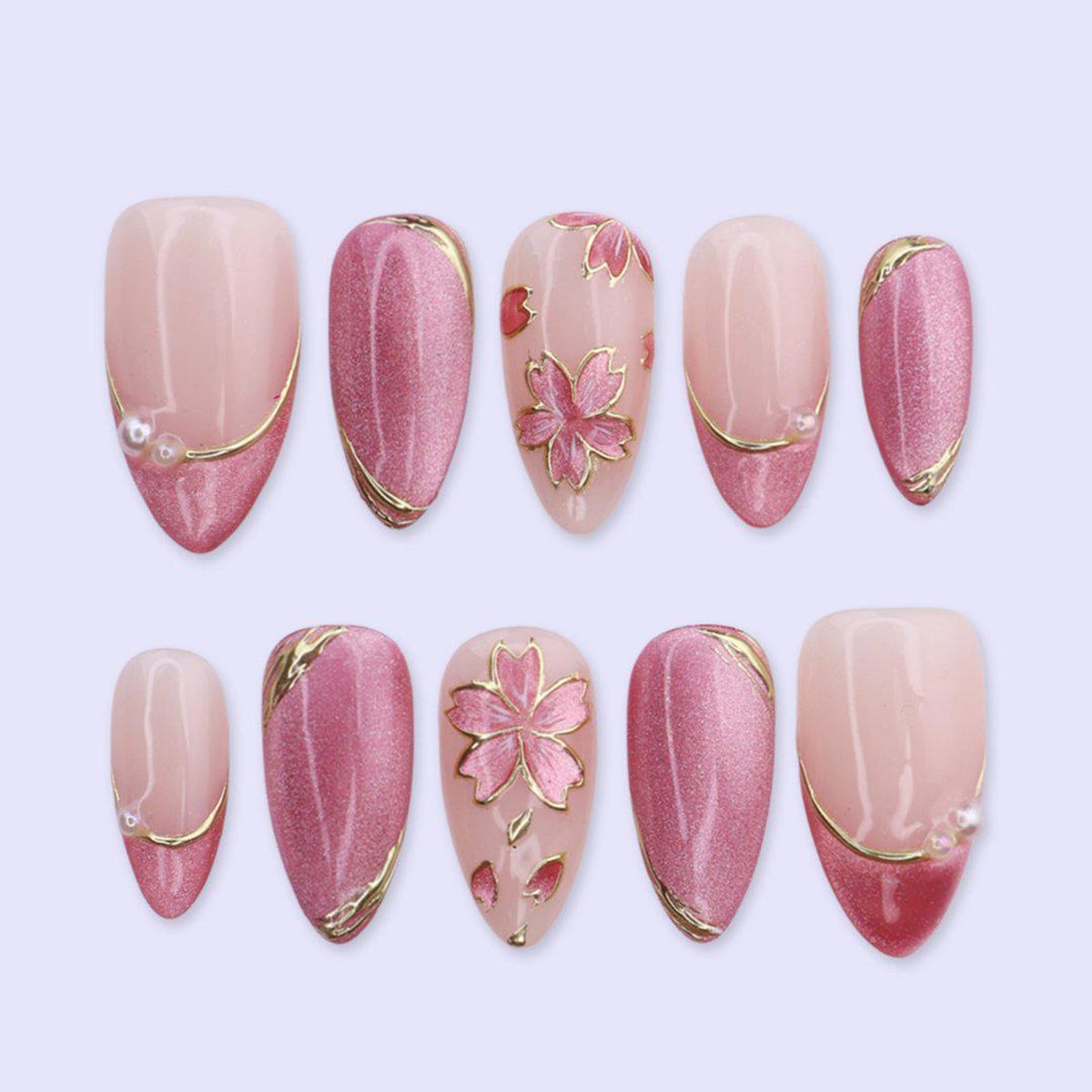 Pink Cat Eye Press On Nails with Flowers & Gold Lines | Medium Almond Handmade Fake Nails | Elegant Nail Art for Spring, Wedding, Party