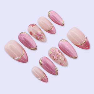 Pink Cat Eye Press On Nails with Flowers & Gold Lines | Medium Almond Handmade Fake Nails | Elegant Nail Art for Spring, Wedding, Party