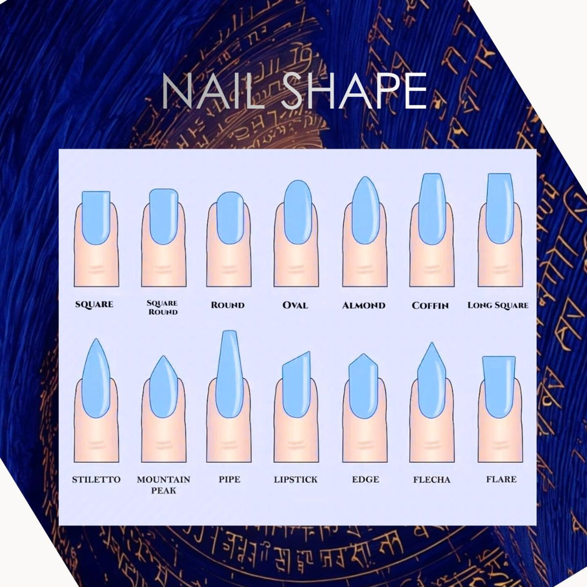 An illustration showcasing various nail shapes, including square, round, oval, almond, and stiletto. The image features a blue background with the text "NAIL SHAPE" at the top, and each nail is painted light blue.