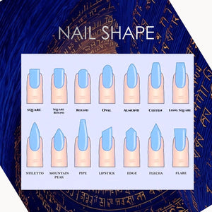 An illustration showcasing various nail shapes, including square, round, oval, almond, and stiletto. The image features a blue background with the text "NAIL SHAPE" at the top, and each nail is painted light blue.