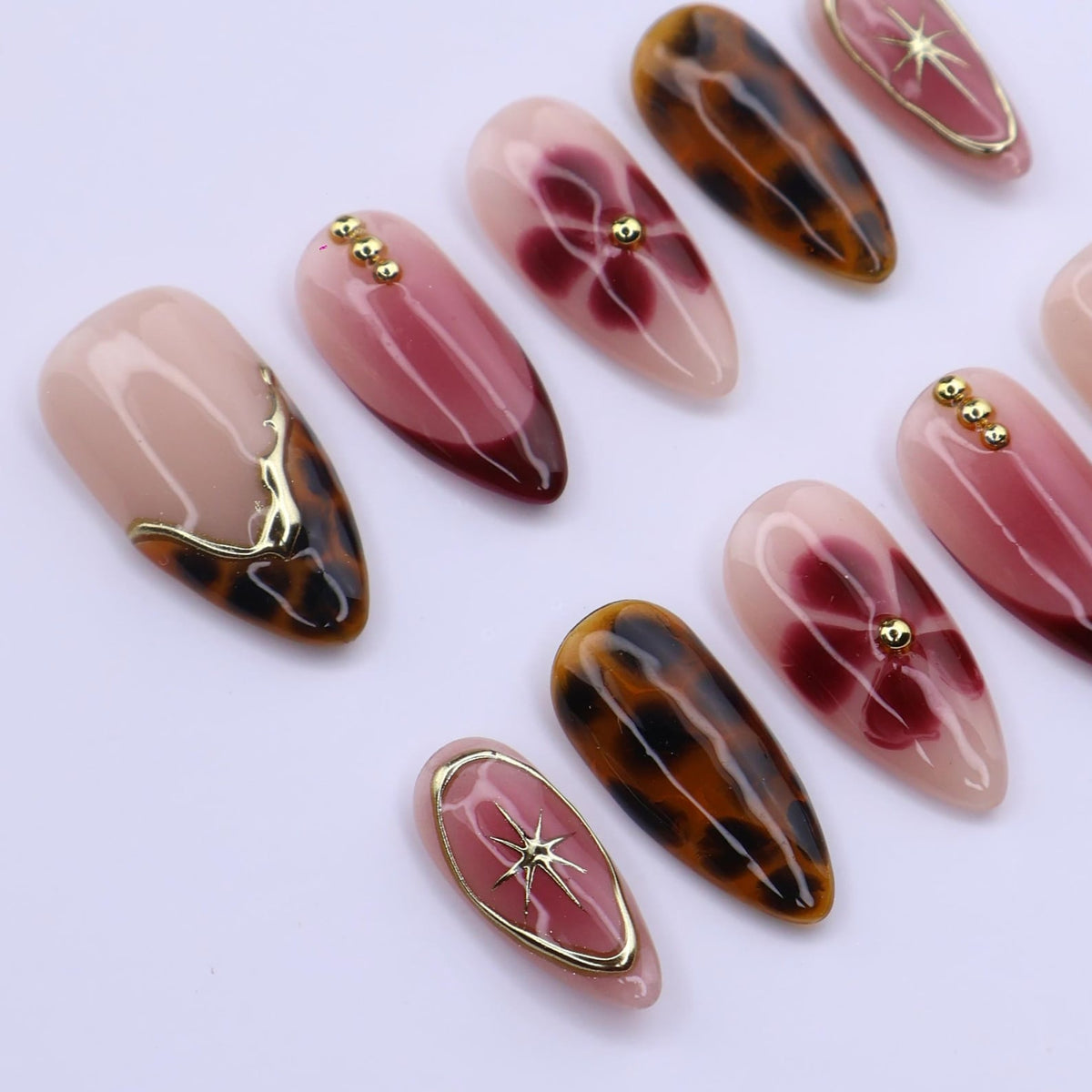 Burgundy Tortoiseshell Press On Nails with Floral Bloom & Gold Star | Medium Almond Fake Nails | Handmade Nails Art for Fall, Date Night