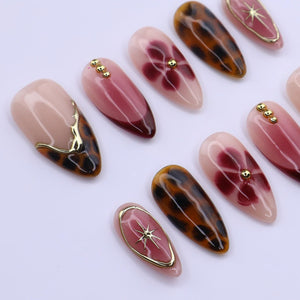 Burgundy Tortoiseshell Press On Nails with Floral Bloom & Gold Star | Medium Almond Fake Nails | Handmade Nails Art for Fall, Date Night