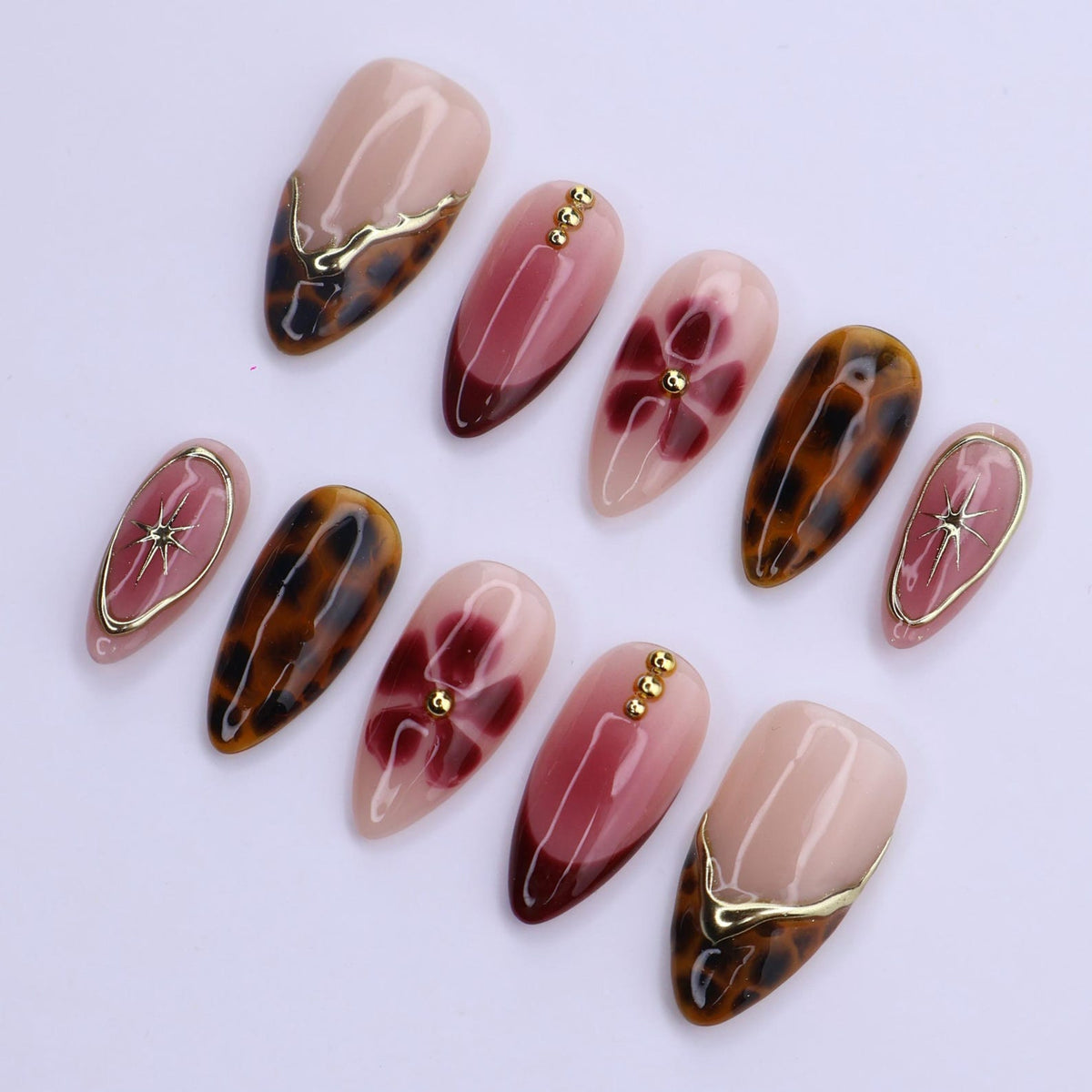Burgundy Tortoiseshell Press On Nails with Floral Bloom & Gold Star | Medium Almond Fake Nails | Handmade Nails Art for Fall, Date Night