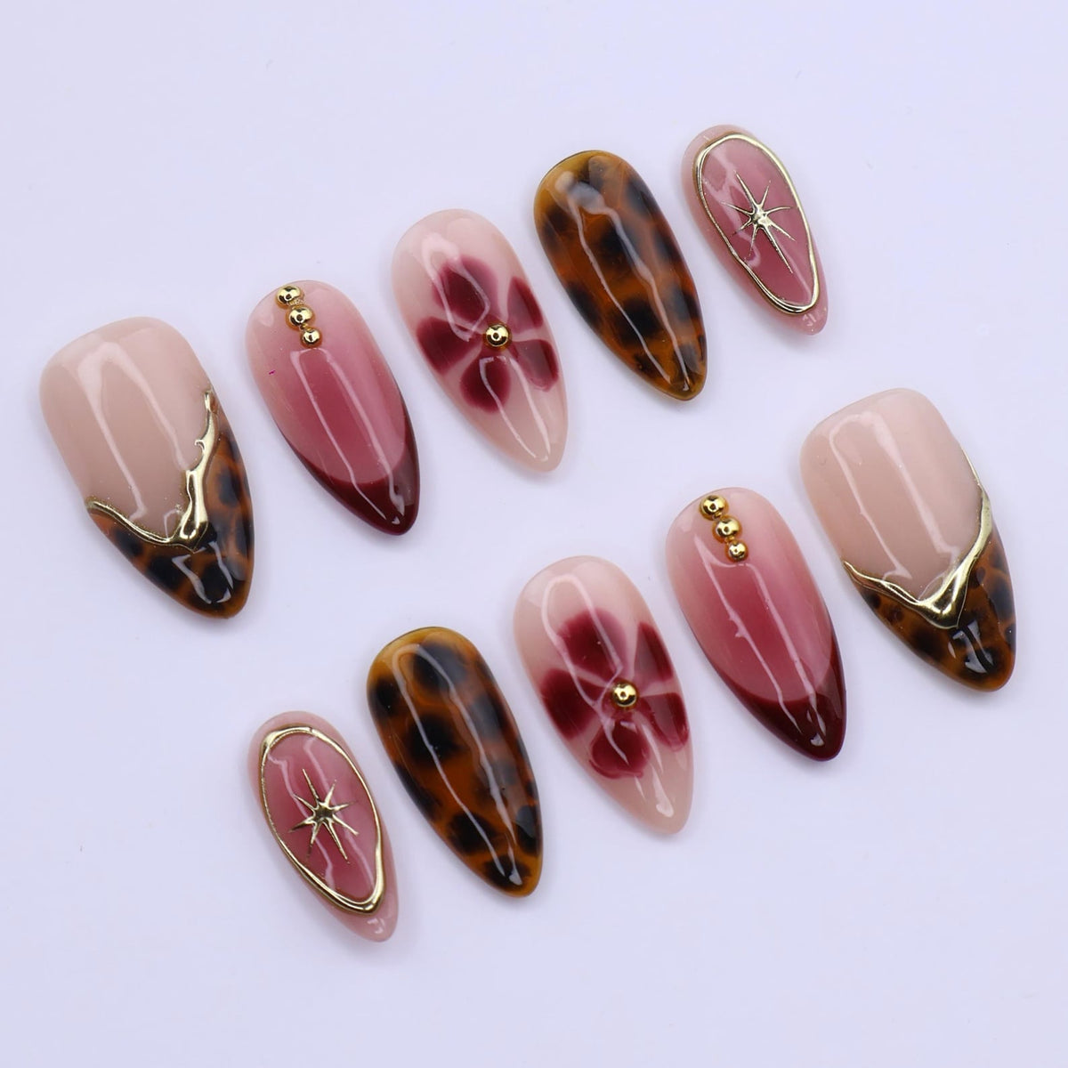Burgundy Tortoiseshell Press On Nails with Floral Bloom & Gold Star | Medium Almond Fake Nails | Handmade Nails Art for Fall, Date Night
