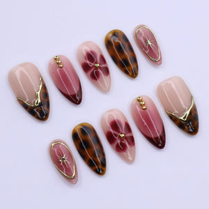 Burgundy Tortoiseshell Press On Nails with Floral Bloom & Gold Star | Medium Almond Fake Nails | Handmade Nails Art for Fall, Date Night